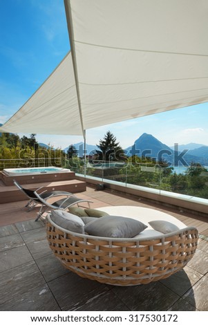 modern penthouse, beautiful panorama from a terrace, lake view