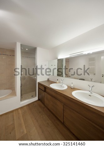 interior of new apartment, domestic bathroom with wooden cabinet
