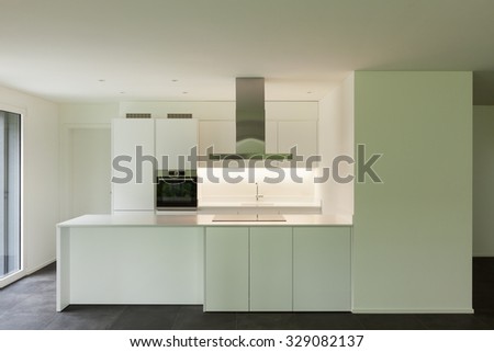 interior of new apartment, white domestic kitchen