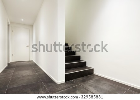 Architecture, modern entryway, interior with black stair case