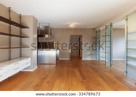 Interior of modern house, unfurnished apartment, open plan living