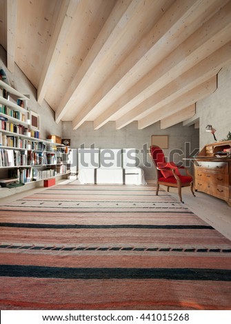 Interior of a modern loft, room with bookcase. concrete walls