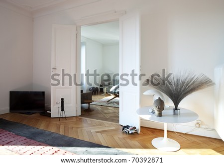 nice apartment refitted, view  living-room with furniture retro