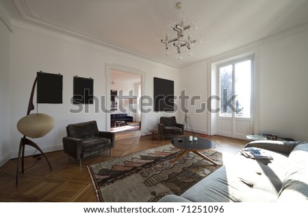 nice apartment refitted, view living-room with furniture retro