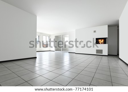 new apartment, empty room with white tiled floor