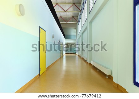 public school, long corridor with yellow door