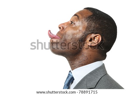 portrait of funny black man with suit over white background