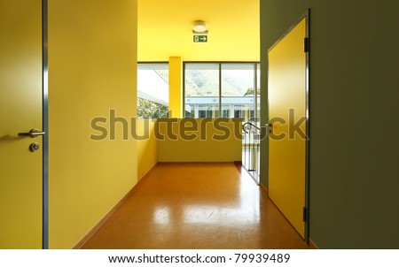 school hall with yellow doors