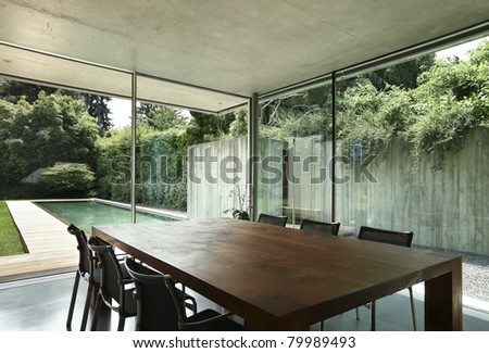 modern house interior, wooden dining table