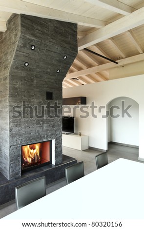 modern architecture contemporary, interior, dining table and fireplace