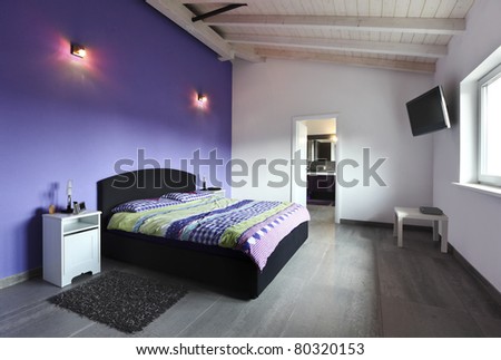 modern architecture contemporary, interior, bedroom with purple wall