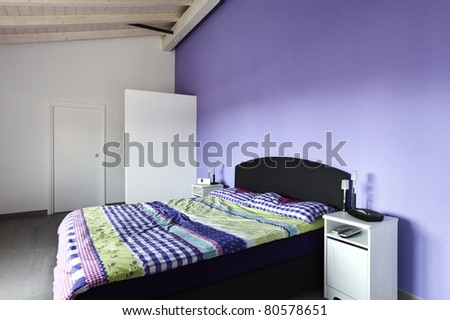 modern architecture contemporary, interior, bedroom with purple wall