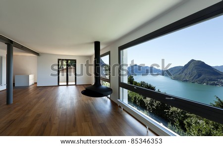 Modern apartment large living room with panoramic window