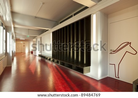 modern public school,  corridor red floor