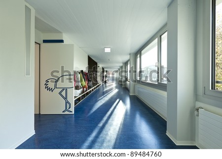 modern public school,  corridor blue floor