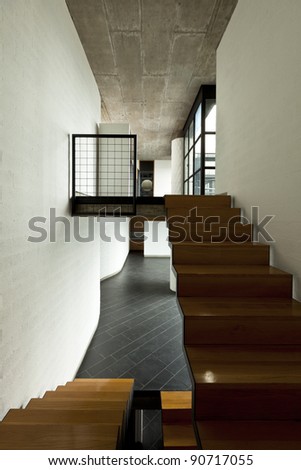interior modern villa,  wooden staircase