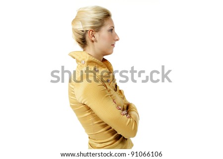 beautiful girl, yellow blouse, side view, isolated on white background