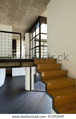 interior modern villa, wooden staircase