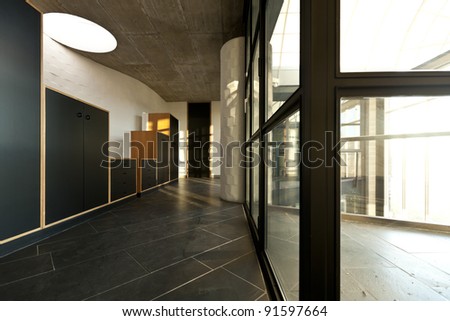 interior modern empty villa, corridor with cabinets