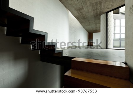 interior modern villa, wooden staircase