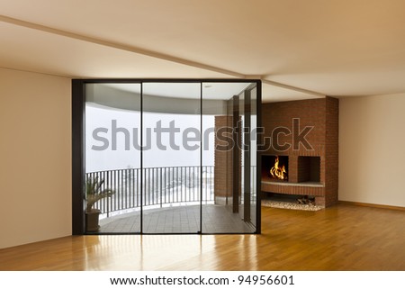 beautiful apartment, interior, room with fireplace and window