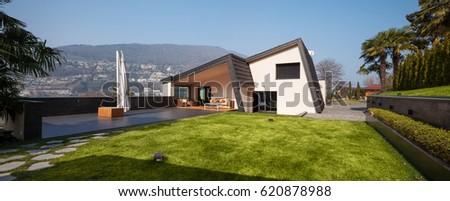 Modern villa, view of exteriors scene
