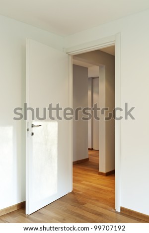 interior empty room, white walls, open door
