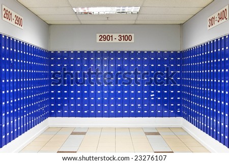 Room of blue Post Office boxes - landscape interior