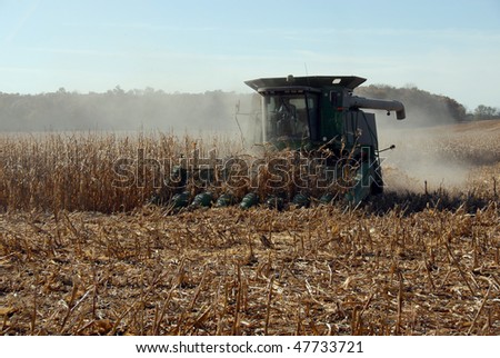 Harvester finishing corn field stirring up dust