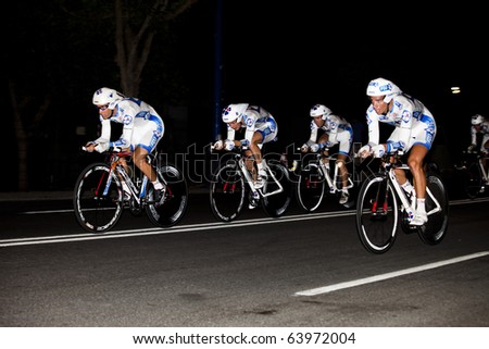 SEVILLA, SPAIN - AUGUST 29: The FDJ cycling team participating in the first stage of the Tour of Spain, on AUGUST 29, 2010 in Sevilla, Spain