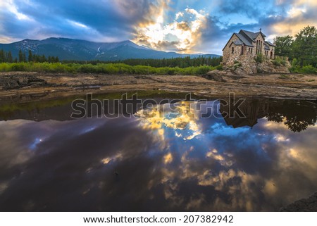 Wide angle shot of the Chapel on the Rock, taken after sunset -Allenspark Colorado