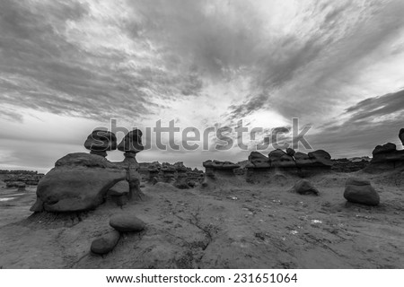 Goblin Valley Utah Black and White landscape filled with bizarre sandstone rock formations