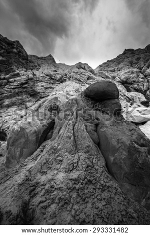Black and White Rock formations with Dramatic Sky Cottonwood Canyon
