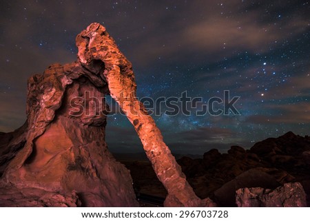 Elephant Rock at night against rising Milky Way and bright starry sky, Valley of Fire Nevada