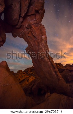 Elephant Rock at night against bright starry sky, Overton Nevada near Las Vegas