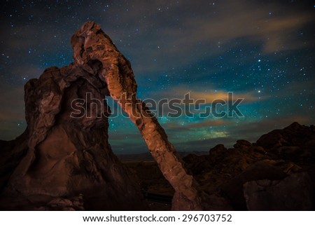 Elephant Rock at night against rising Milky Way and bright starry sky, Valley of Fire Nevada