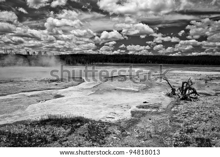 Black and White photo of a yellowstone geyser with cloudy dramatic sky