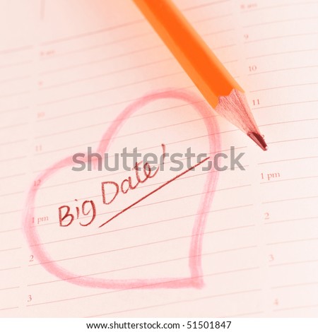 Diary page with words Big Date inside a heart shape. With Pencil