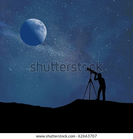 Silhouette of person looking at a stylized digitally created night sky through a stylized digitally created telescope