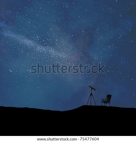 Stylized night sky and telescope in silhouette with a chair