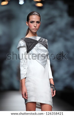 ZAGREB, CROATIA - OCTOBER 18: Fashion model wears clothes made by Jet Lag at \'Croaporter\' fashion show, on October 18, 2012 in Zagreb, Croatia.