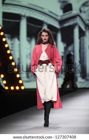 ZAGREB, CROATIA - OCTOBER 20: Fashion model wears clothes made by Teo Peric for Mak at \'Croaporter\' fashion show, on October 20, 2012 in Zagreb, Croatia.