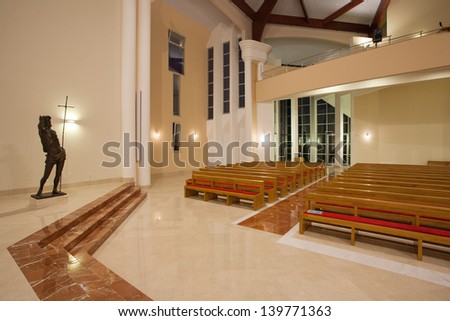 ZAPRESIC, CROATIA - MAY 21: Modern new Zapresic church interior on May 21, 2013 in Zapresic, Croatia. The church was being built for 20 years and was consecrated on May 26.