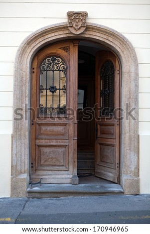 Old wooden door in Upper Town of Zagreb, Croatia