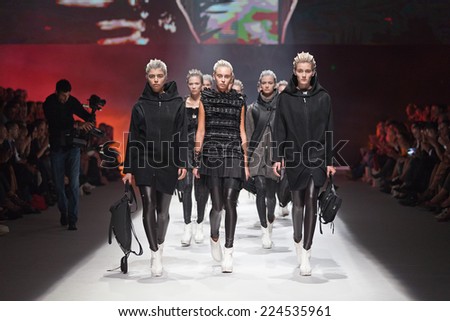 ZAGREB, CROATIA - OCTOBER 18, 2014: Fashion model wearing clothes designed by Marina Design on the 'Fashion.hr' fashion show