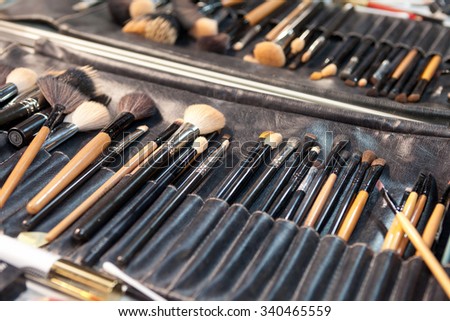 ZAGREB, CROATIA - OCTOBER 31, 2015: Used makeup brushes in backstage of the \'Fashion.hr\' fashion show