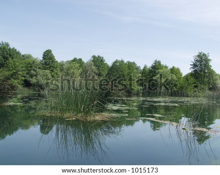 Peaceful Mreznica river in Croatia with clouds and trees reflected in water