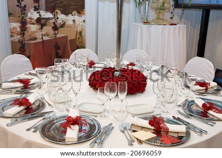 stock photo Romantic wedding dinner with red roses