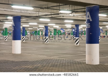 Empty underground parking at night in Moscow