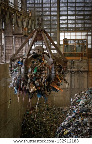 Waste processing plant interior with garbage